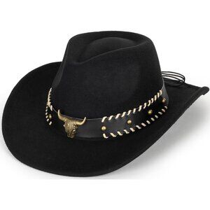 Unisex Black Western With Bull Skull Buckle Band Classic Fedora Felt Cowboy Hat